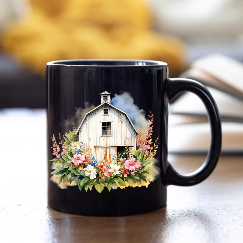Tasse à café en céramique avec grange de ferme noire avec motifs floraux et légumes pour la maison