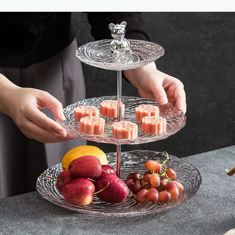 Plateau à fruits en verre à motif spiralé à 3 étages, plateau créatif pour desserts et gâteaux, plateau pour fruits secs, plateau de service, vaisselle de cuisine moléculaire