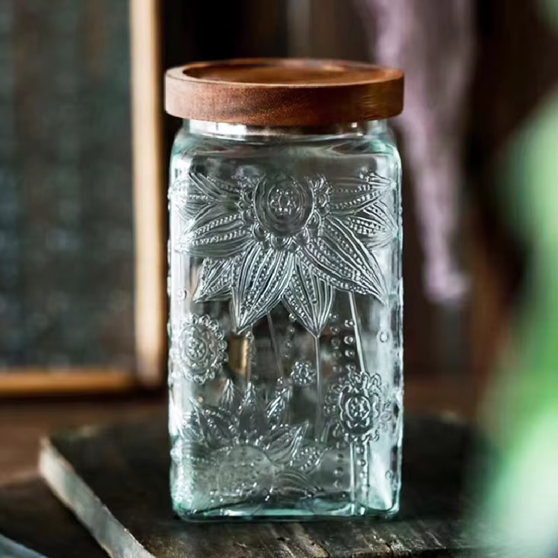 Pot en verre à motif de bégonia en relief rétro