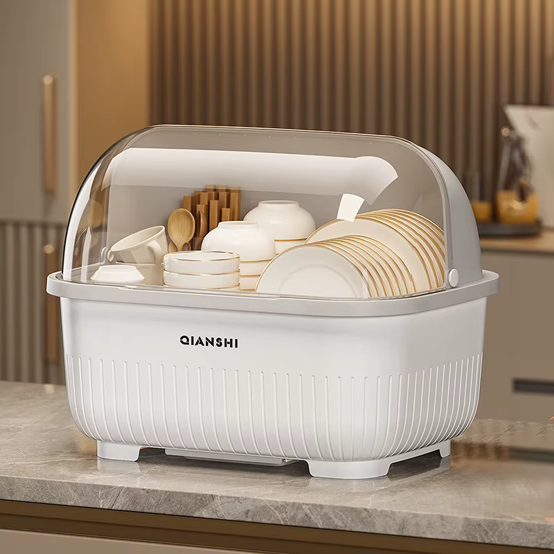 Égouttoir à vaisselle avec couvercle de protection - Meuble de rangement de cuisine peu encombrant et anti-poussière