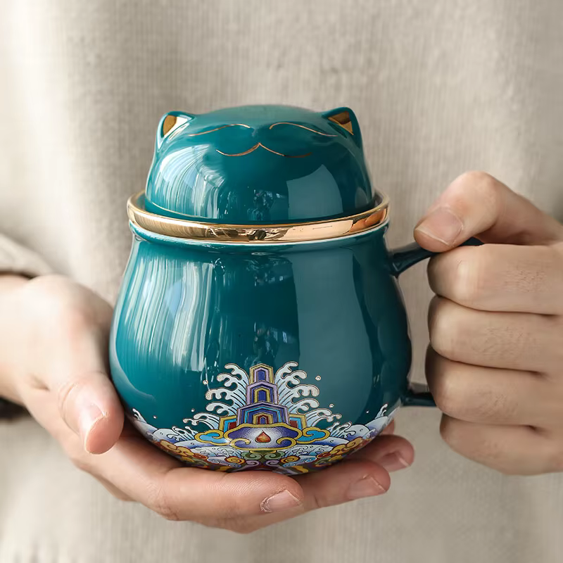 Tasse de bureau en céramique Lucky Cat avec filtre à thé et couvercle