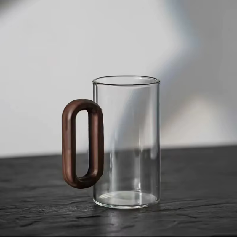 Tasses à thé en verre borosilicate haute résistance à couche unique avec poignée en bois gris fumé
