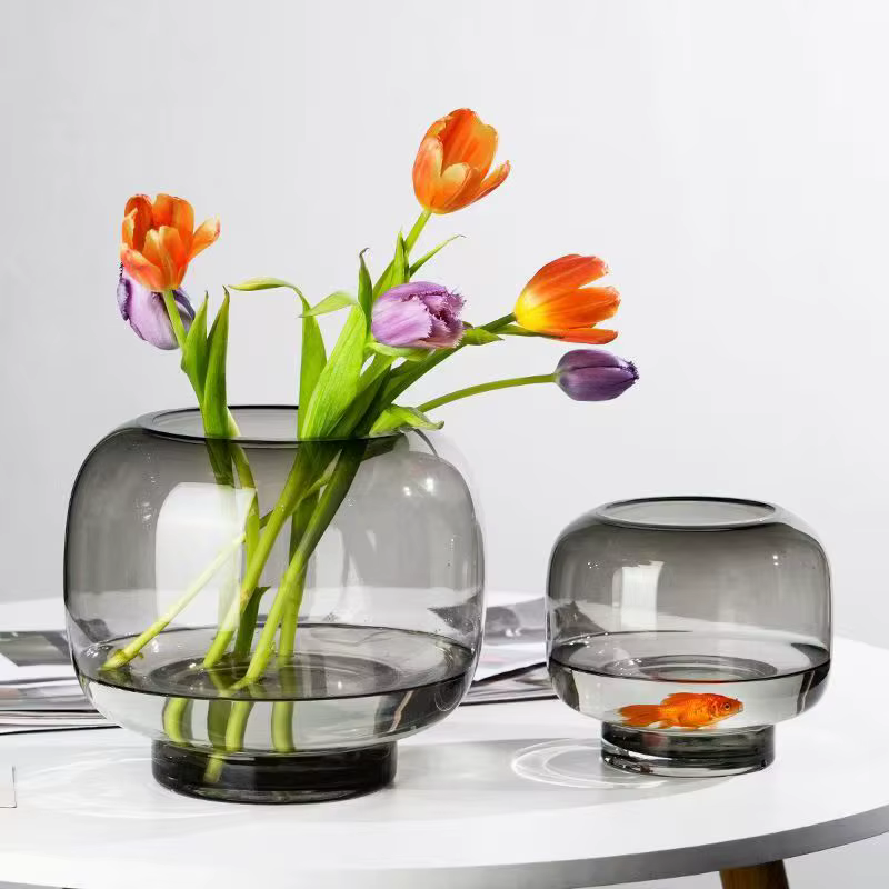 Vase en verre Transparent avec conception circulaire à grande bouche