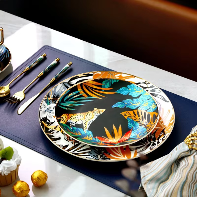 Service de vaisselle coloré forêt Animal Design assiette plateau à Steak plat vaisselle en céramique 10 pouces plat cadeau de noël or