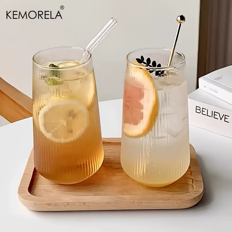 EllMORELA-Tasse en Verre Transparente à Rayures Verticales avec Couvercle