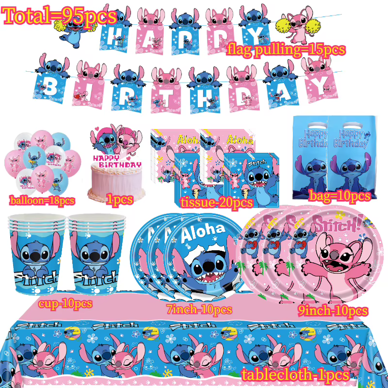 Décorations d'anniversaire Stitch & Ensemble de vaisselle