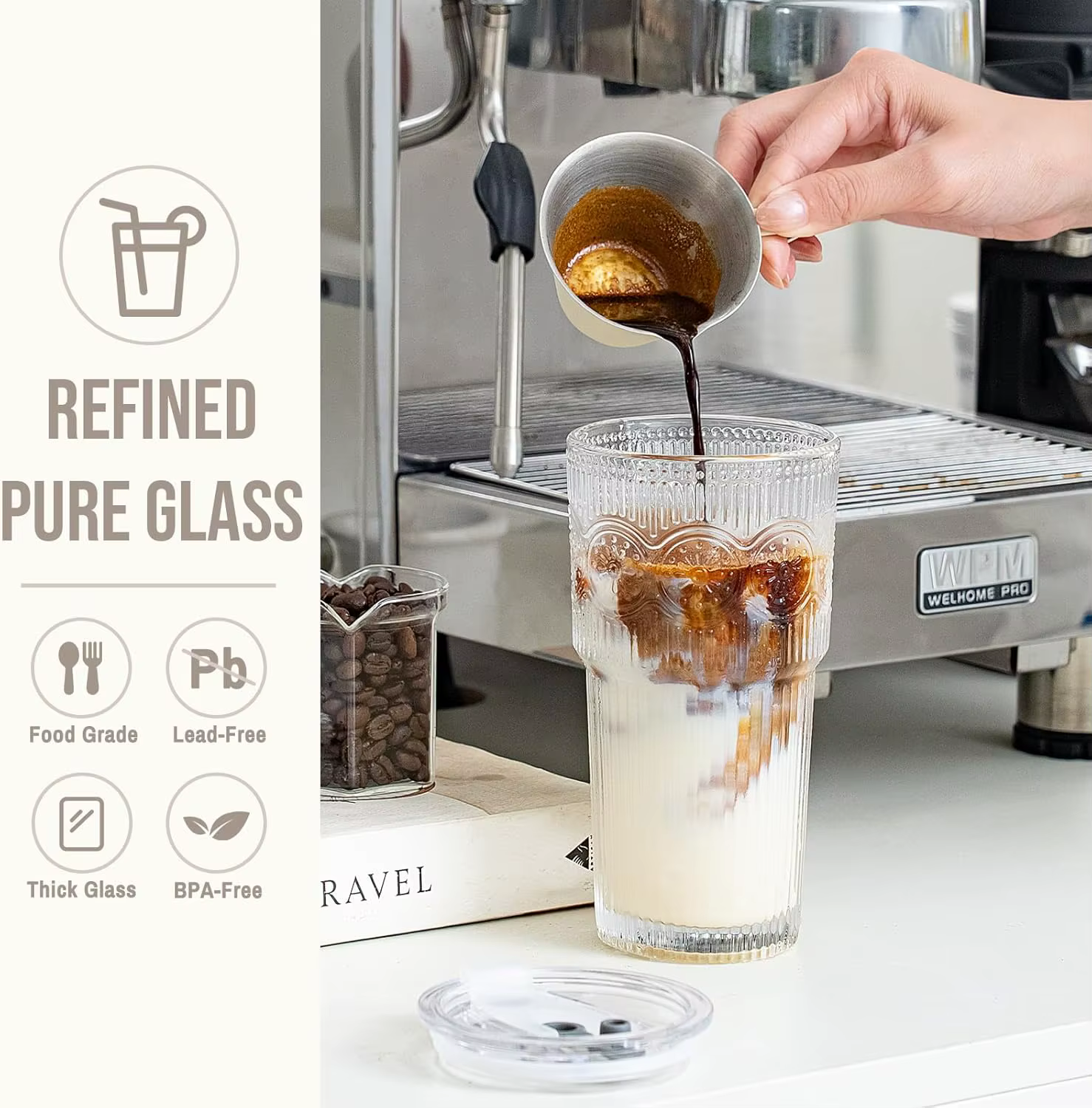 Gobelets en verre côtelés et à motifs floraux de 500 ml avec couvercles/pailles – Tasses réutilisables pour café