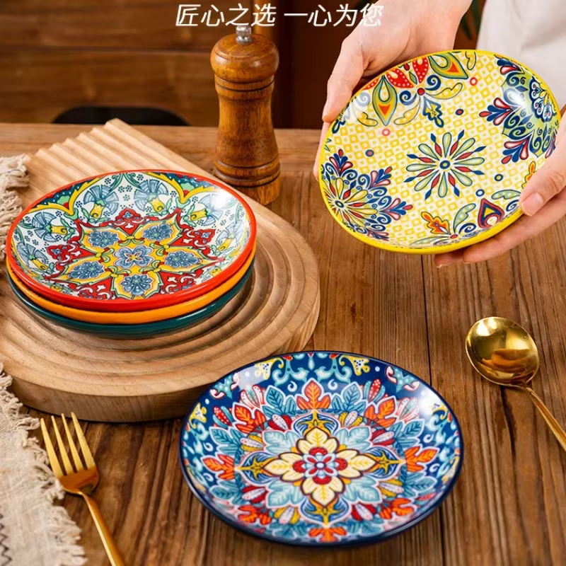 Assiette peu profonde en céramique bohème de 6.5 pouces
