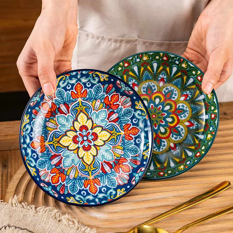 Assiette peu profonde en céramique bohème de 6.5 pouces