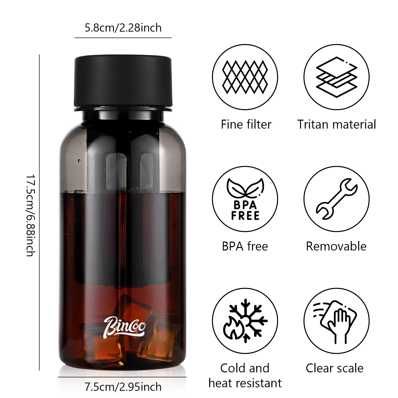Bincoo Bouteille d'infusion froide de 600 ml avec filtre à 300 mailles