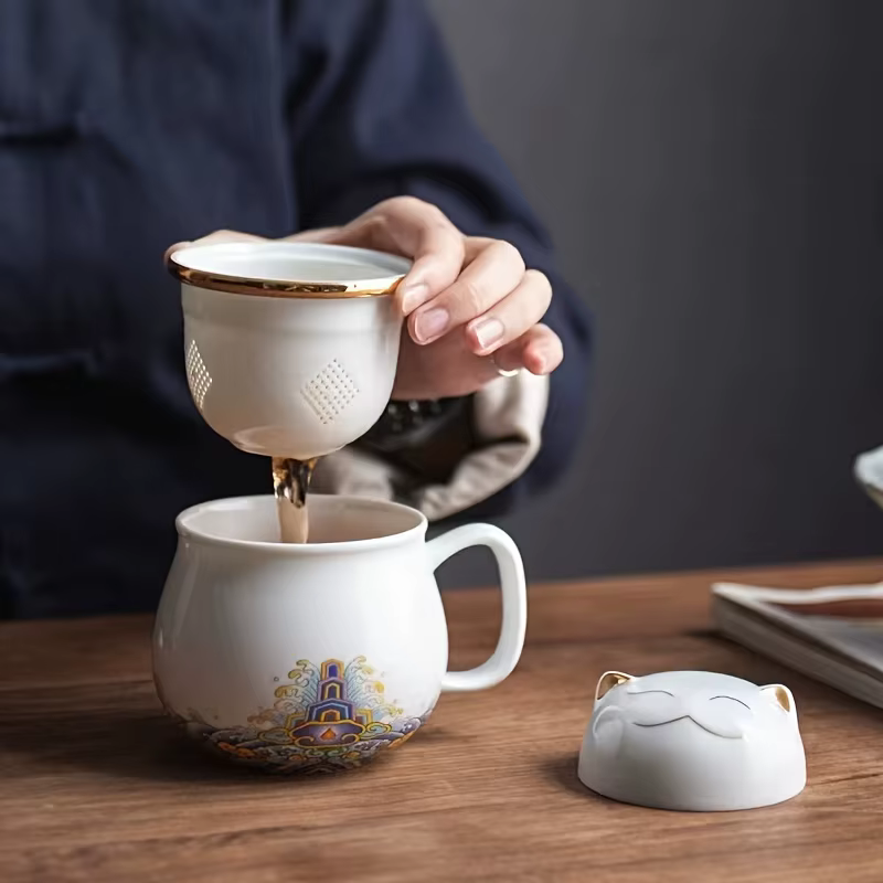 Tasse de bureau en céramique Lucky Cat avec filtre à thé et couvercle