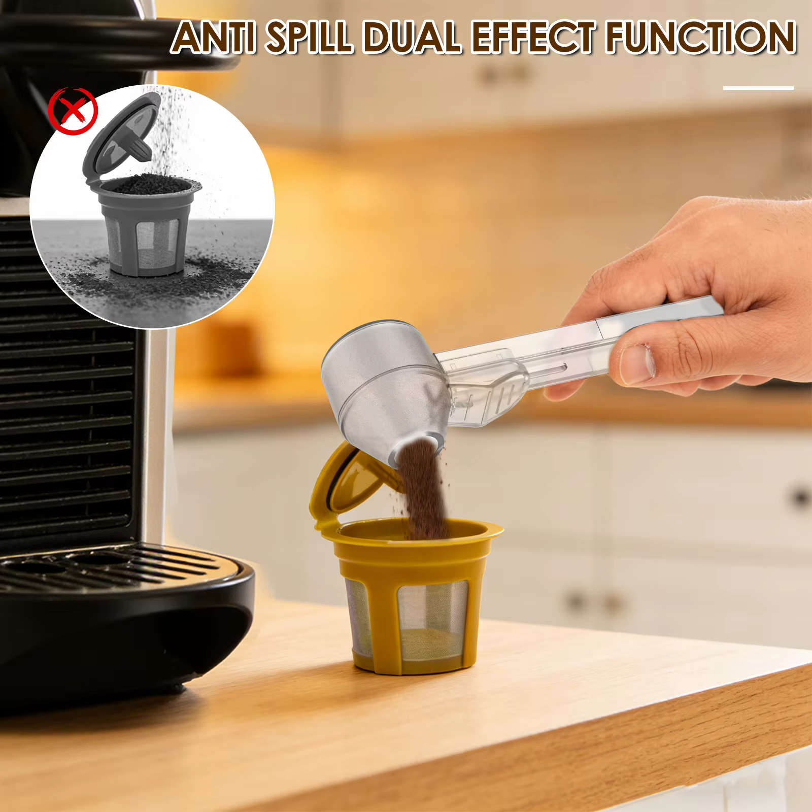 Lot de 4 cuillères à café avec entonnoir pour dosettes de café rechargeables K-Cup, cuillère doseuse de 30 ml avec niveleur coulissant pour café, poudre de protéines