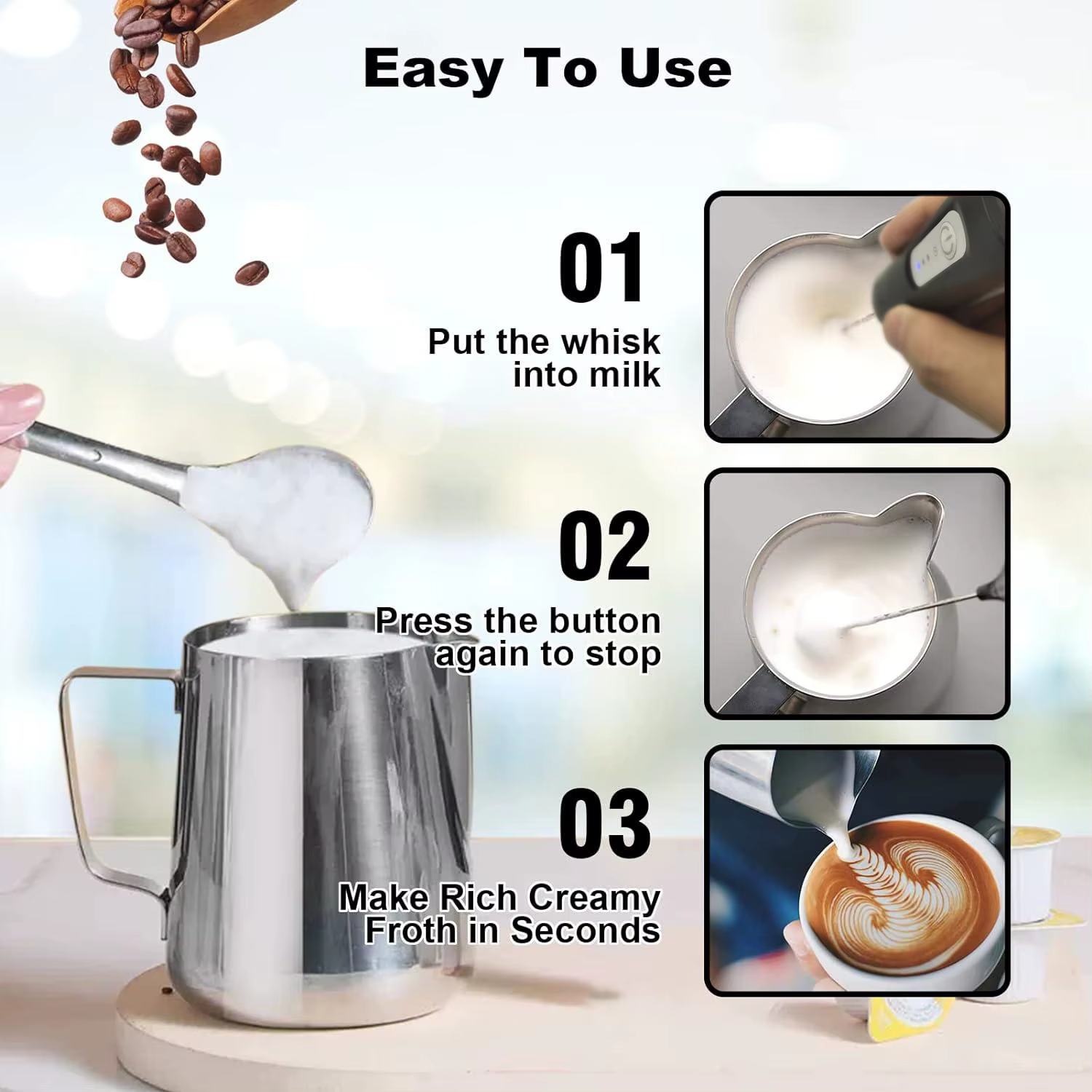 Mousseur à lait sans fil électrique type-c mélangeur à main en acier inoxydable Mini cafetière fouet