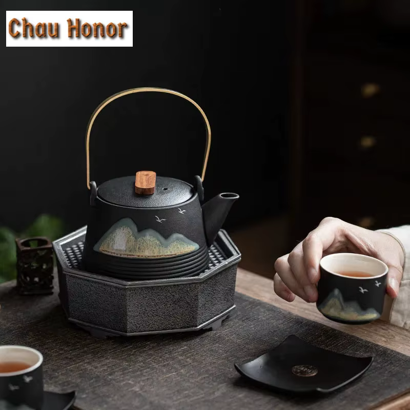 Théière japonaise en céramique brute, peint à la main