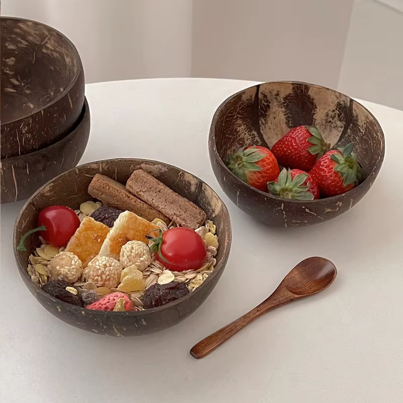 # Bol en noix de coco naturel fait main | Vaisselle écologique avec fourchette et cuillère pour dessert