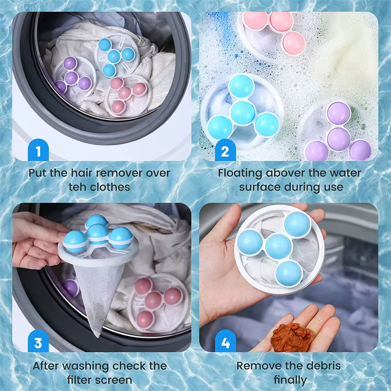Filtre à cheveux pour machine à laver, attrape-cheveux flottant réutilisable, éliminateur de cheveux pour le linge, boule de lavage en maille pour la collecte de saletés, outils de nettoyage