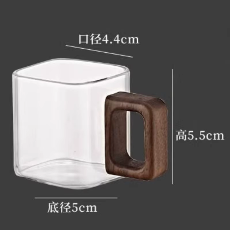 Tasse à café en verre de café moulu frais de petite capacité avec manche en bois de noyer tasses et tasses de thé au lait pour petit déjeuner à la maison