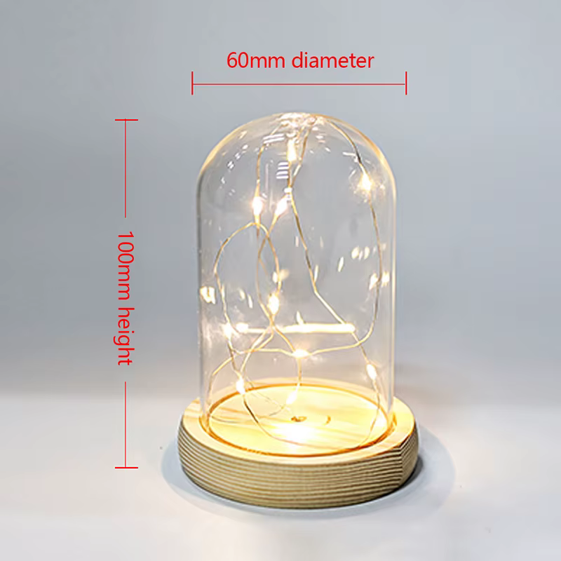 Dôme en verre Base en bois avec lumière LED