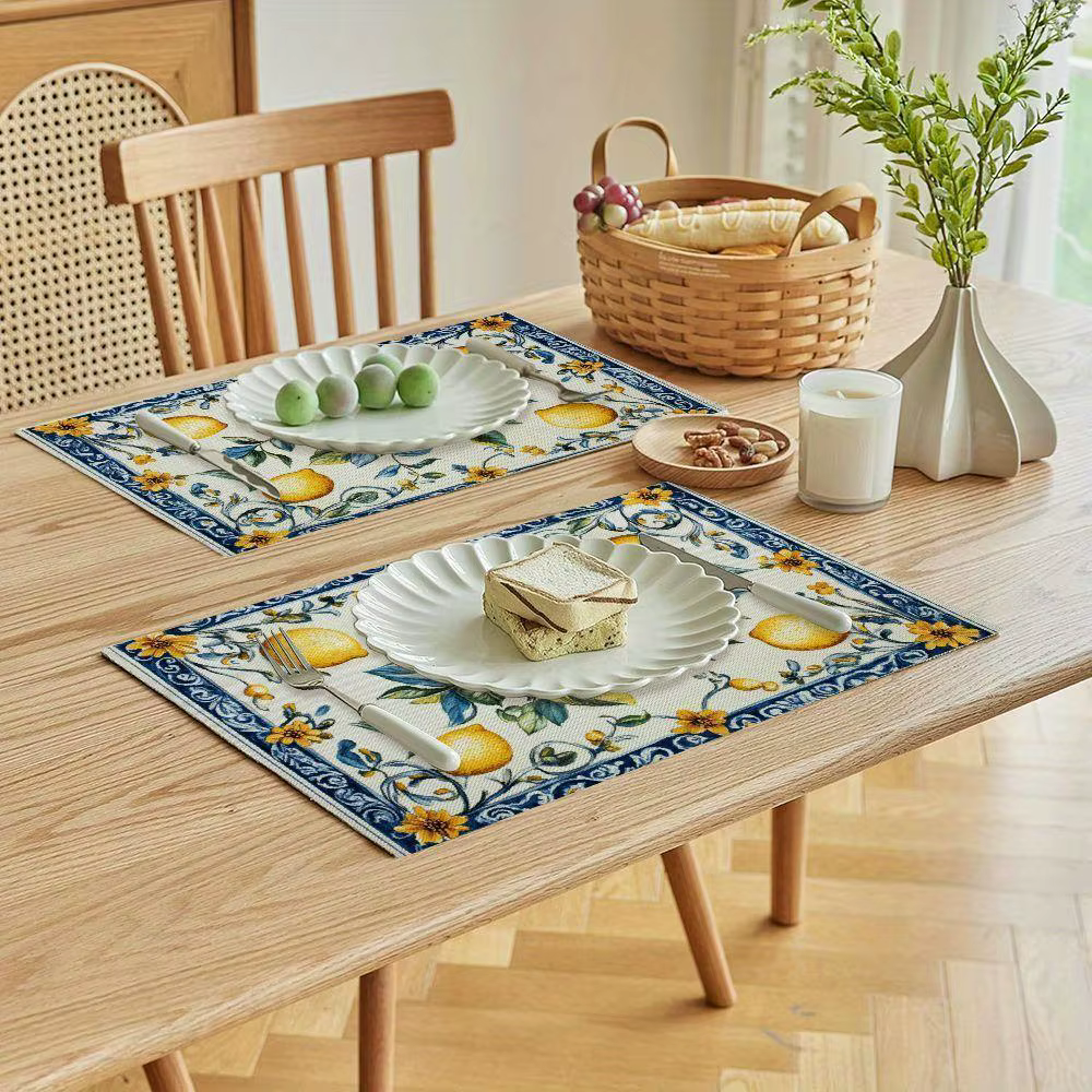 Napperons italiens au citron – Design citron jaune vif sur bleu et blanc