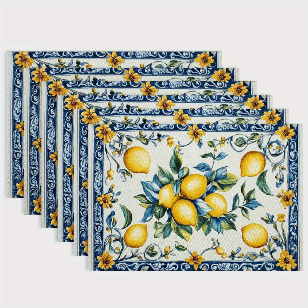 Napperons italiens au citron – Design citron jaune vif sur bleu et blanc