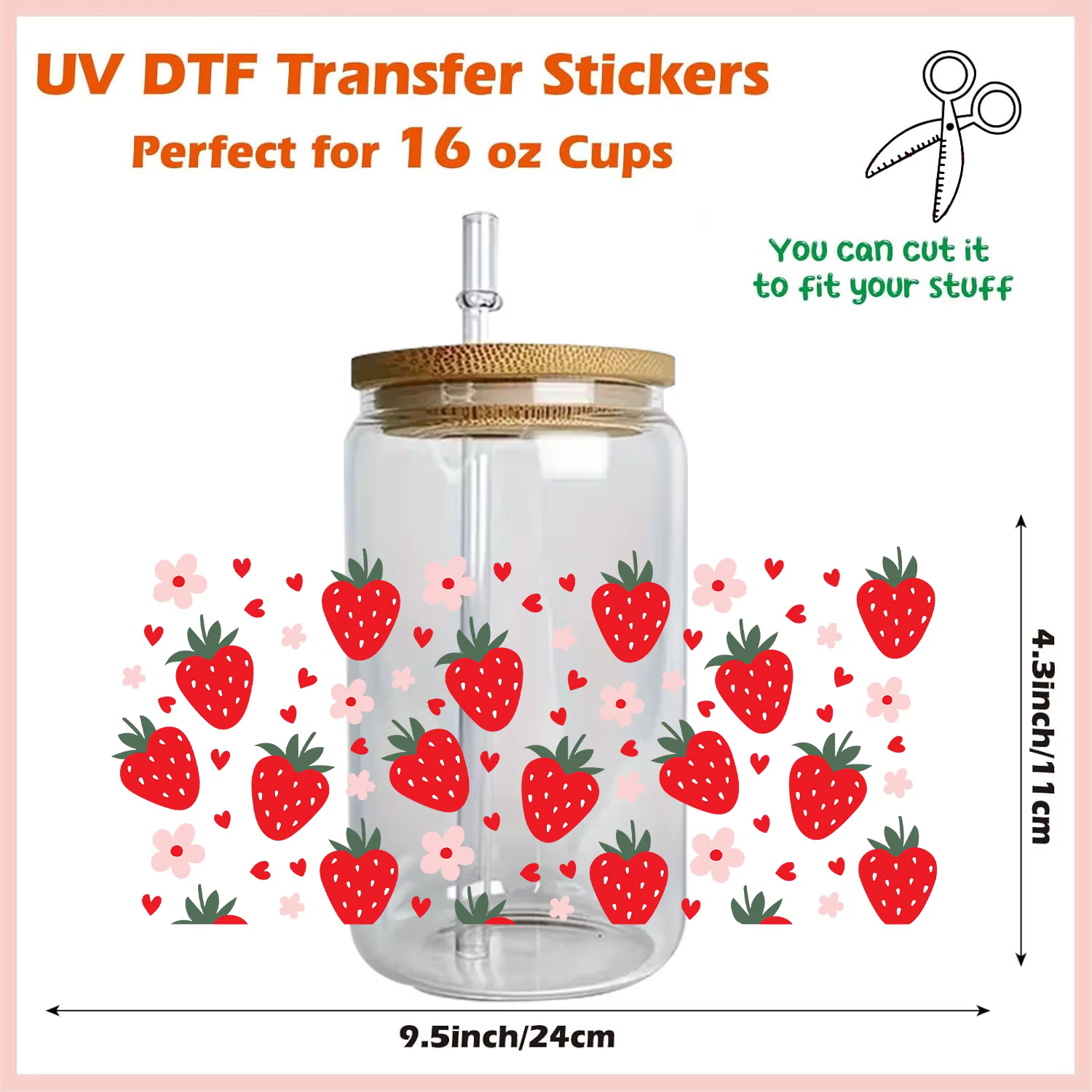 Kawaii fraise Design16oz verre mignon fille décalcomanies pour Libby tasses imperméable UV DTF Wrap transferts 3D autocollants
