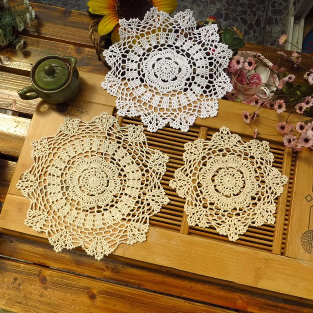 Napperon rond crocheté à la main en coton Vintage