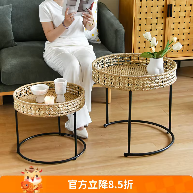 Table basse ronde en rotin de Style japonais, corde tissée, cadre en fer, Table d'appoint à thé pour salon, balcon, décor pour petit appartement