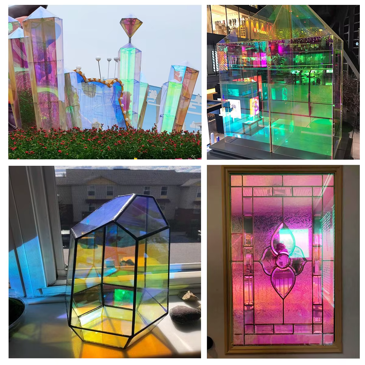 Film de fenêtre transparent holographique, Film de fenêtre décoratif coloré dichroïque pour centre commercial et bureau, vitrail auto-adhésif