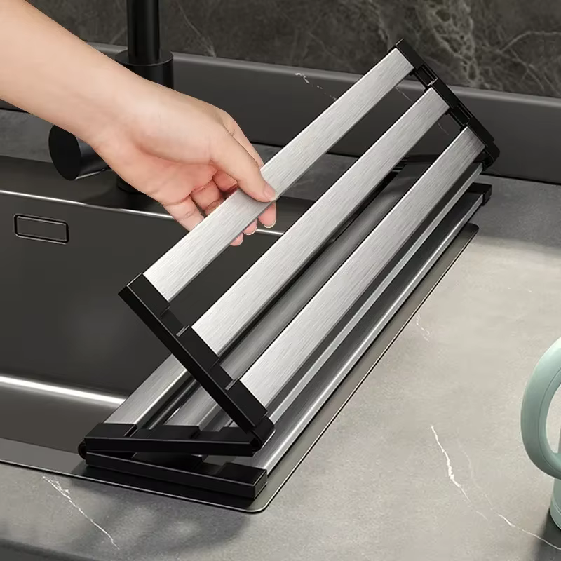 Égouttoir à vaisselle pliable et extensible en acier inoxydable 304 pour évier de cuisine