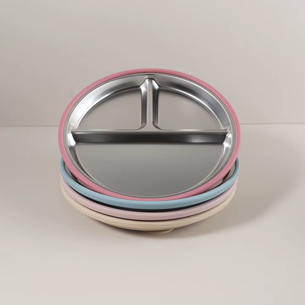 Assiette pour enfants en acier inoxydable avec bord en silicone