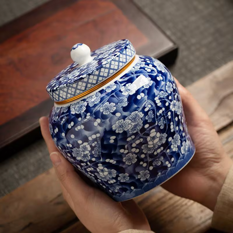 Pot de rangement scellé en porcelaine bleue et blanche Vintage