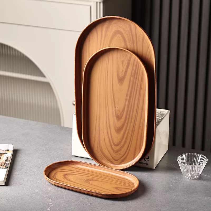 Vaisselle en plastique Grain de bois plateau alimentaire rond Rectangle assiette à Dessert style japonais Snack fruits thé soucoupe palette planche à pain