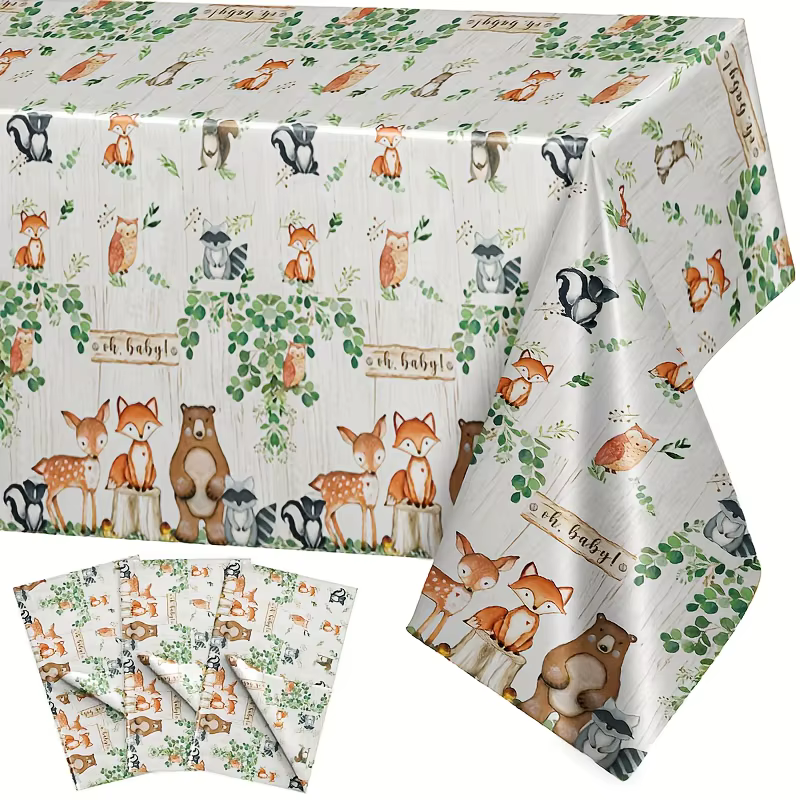 Ensemble de nappe en forme d'animaux de la forêt, 3 pièces, décor de fête à thème de la forêt, plastique imperméable pour anniversaire, réception-cadeau pour bébé, 54x108 pouces, jetable