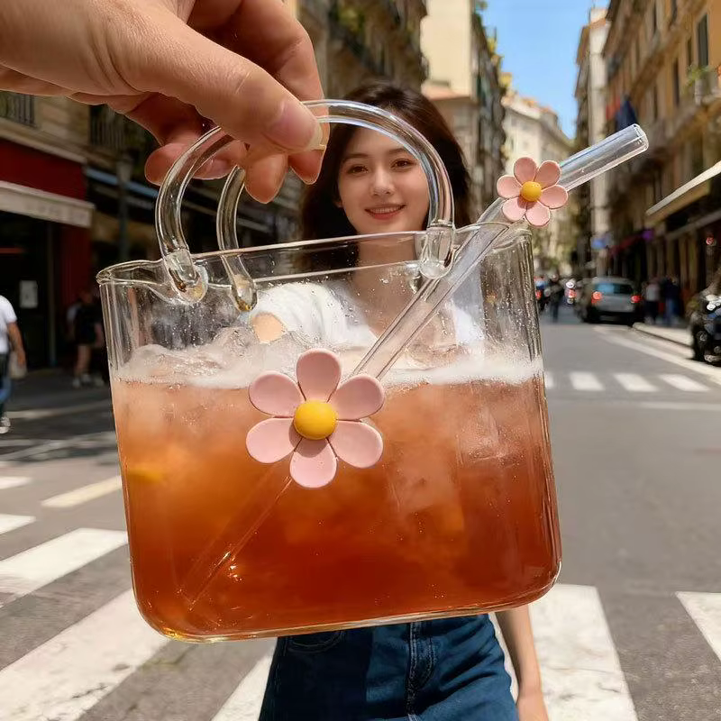 Verre à boire en forme de sac à main avec paille fleurie