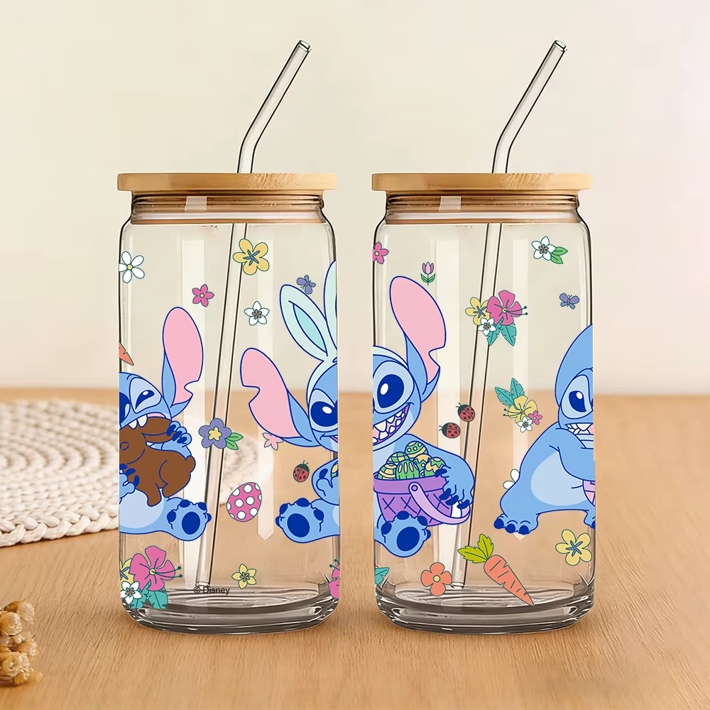 1 pièce Gobelet en verre borosilicate Disney Stitch Pâques de 16 oz avec couvercle et paille