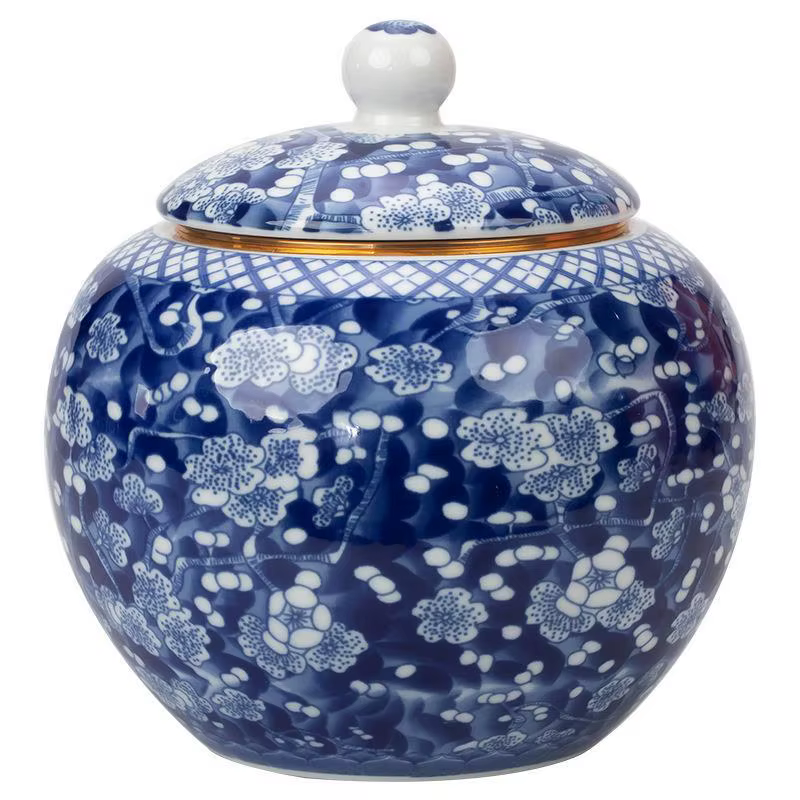 Pot de rangement scellé en porcelaine bleue et blanche Vintage