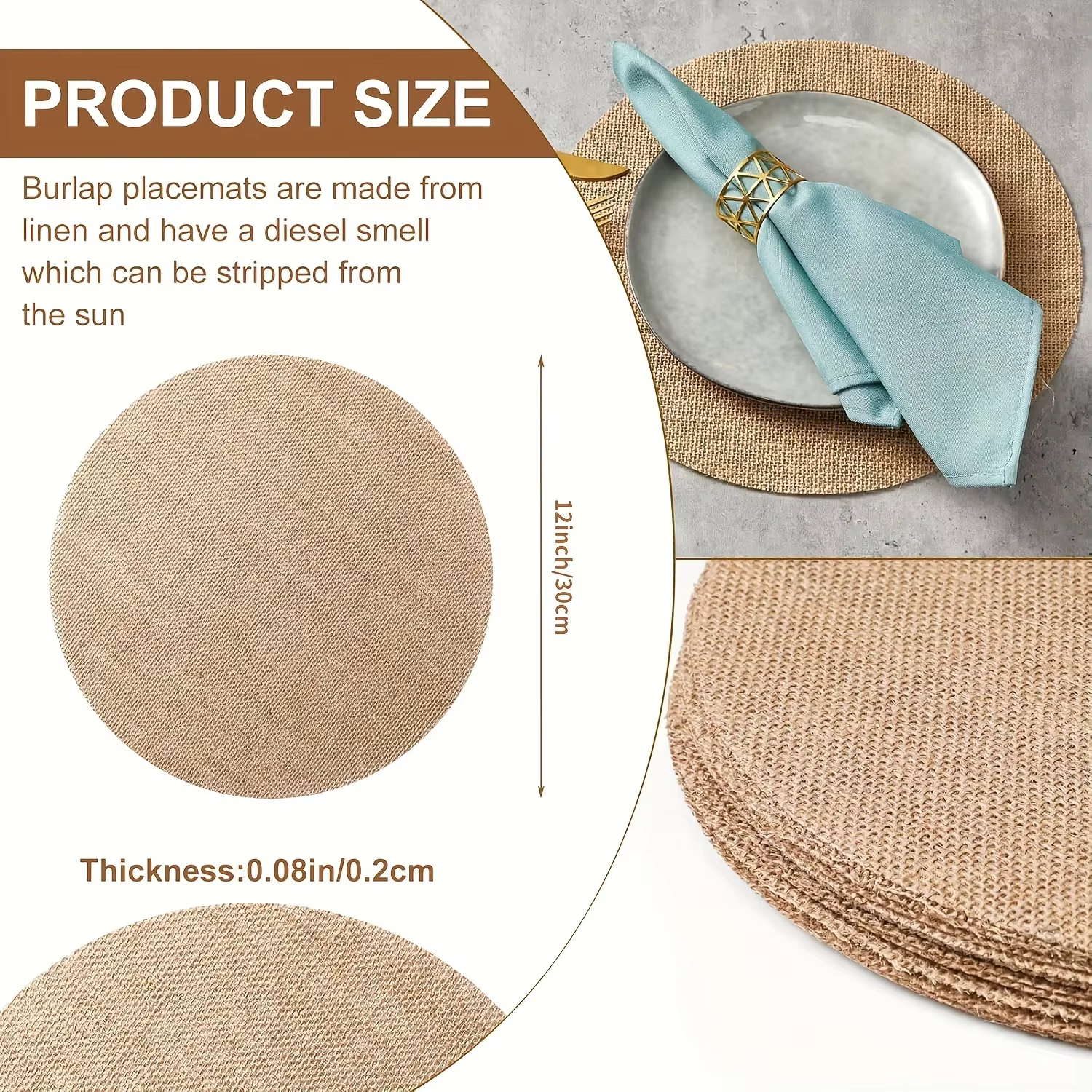 6 pièces de sets de table ronds en jute naturelle