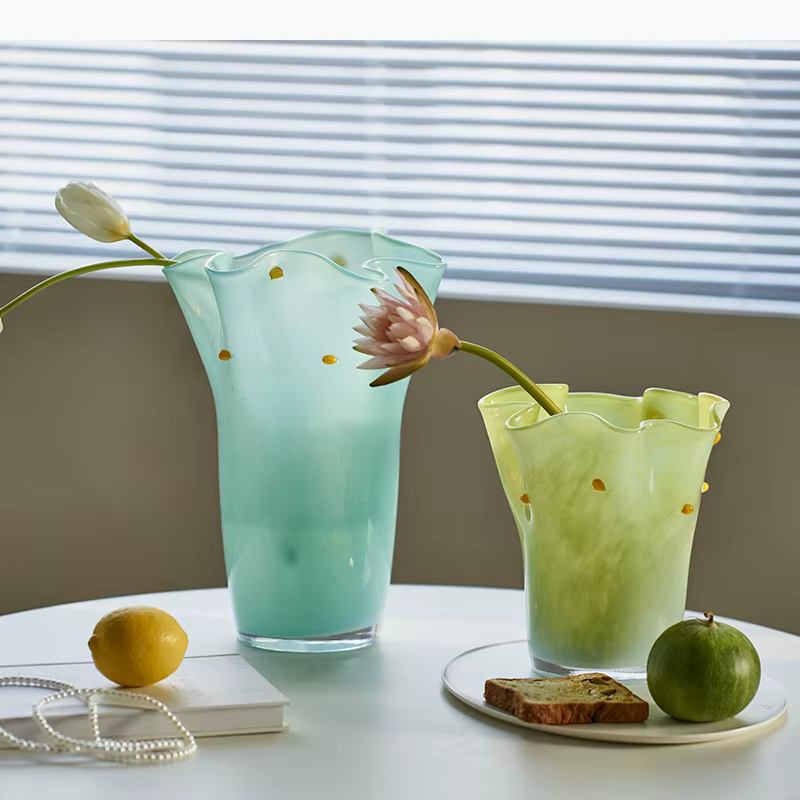 Vase en verre à bord ondulé, plissé, dégradé de couleur, bouteille en verre hydroponique, vase à fleurs, terrarium, accessoires de décoration pour la maison
