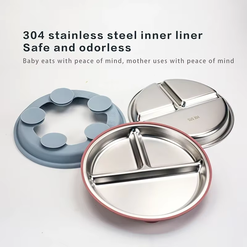 Vaisselle pour enfants en acier inoxydable 304 - Assiette divisée avec base d'aspiration en silicone pour la formation