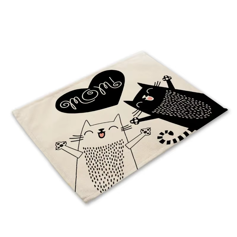 Joli set de table en lin motif chat noir, style occidental, résistant à la chaleur pour la décoration intérieure