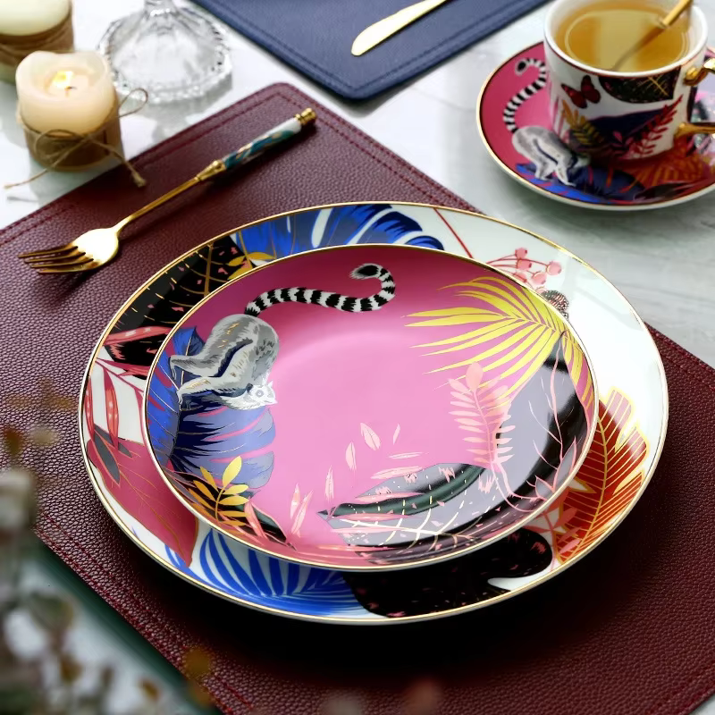 Service de vaisselle coloré forêt Animal Design assiette plateau à Steak plat vaisselle en céramique 10 pouces plat cadeau de noël or