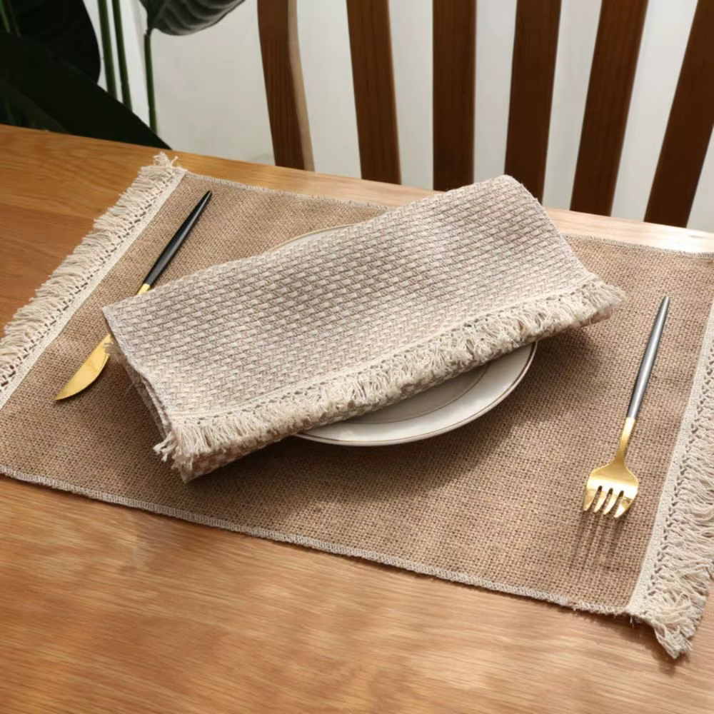 Napperons en lin kaki, tapis de Table à dîner avec dentelle