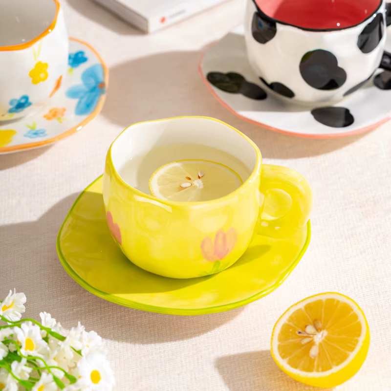 Tasse à café en céramique peinte à la main avec nuages de fleurs