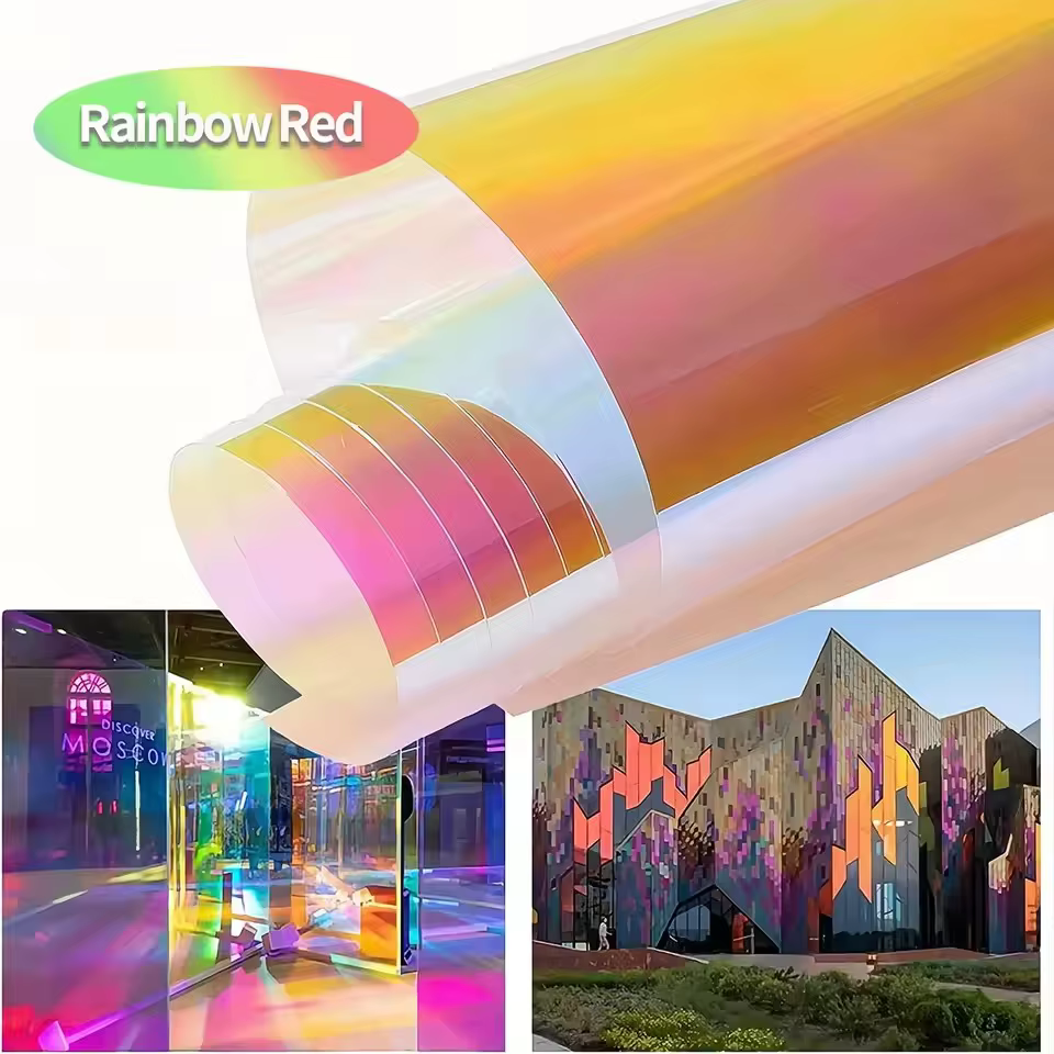 Teinte de fenêtre en verre de bâtiment dichroïque caméléon, Film décoratif coloré découpé UV pour centre commercial et bureau, vitrail auto-adhésif