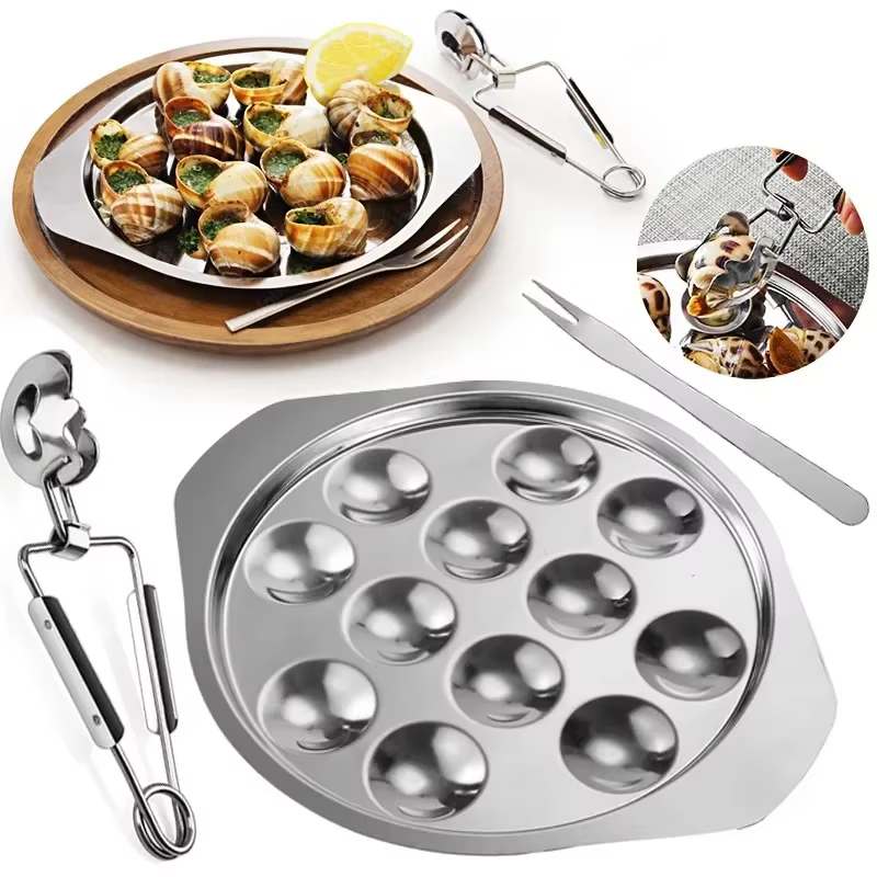 Assiettes à escargots en acier inoxydable avec 12 trous de compartiment, plat d'escargot de fruits de mer de 7.2 pouces, assiette ronde à huîtres, plateau de service d'escargot