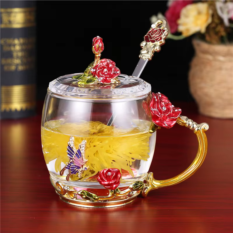Tasse d'eau en verre émaillé en relief fleur de Rose