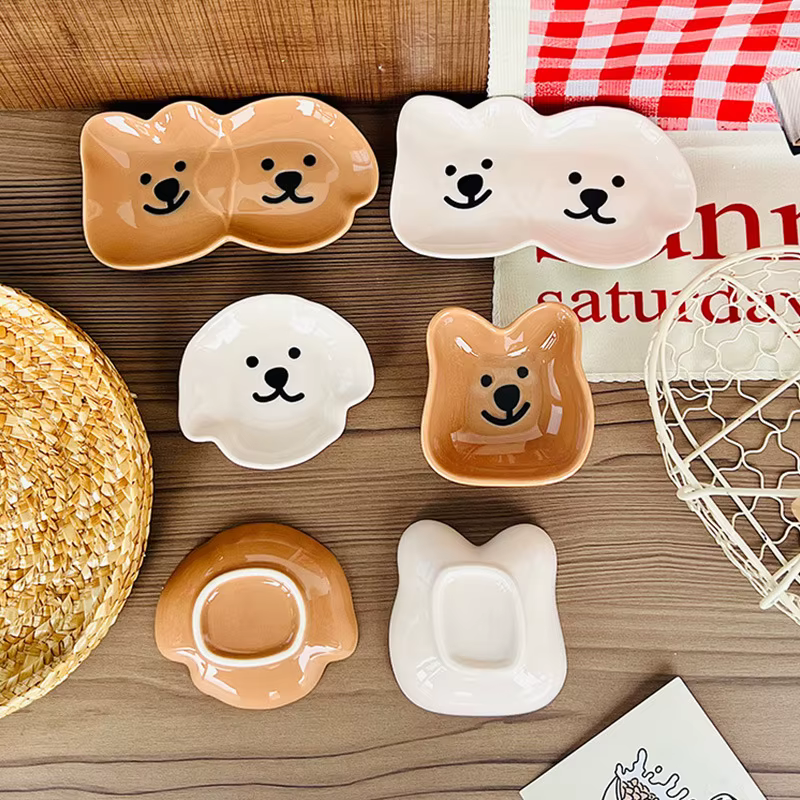 Adorable plat à sauce en céramique avec motif de chien et d'ours mignon – Bol à tremper simple/double compartiment pour
