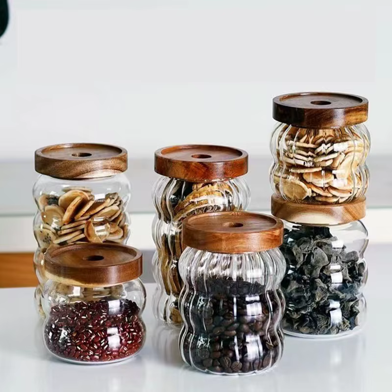 Bouteilles de rangement en verre rayé avec couvercle en bois