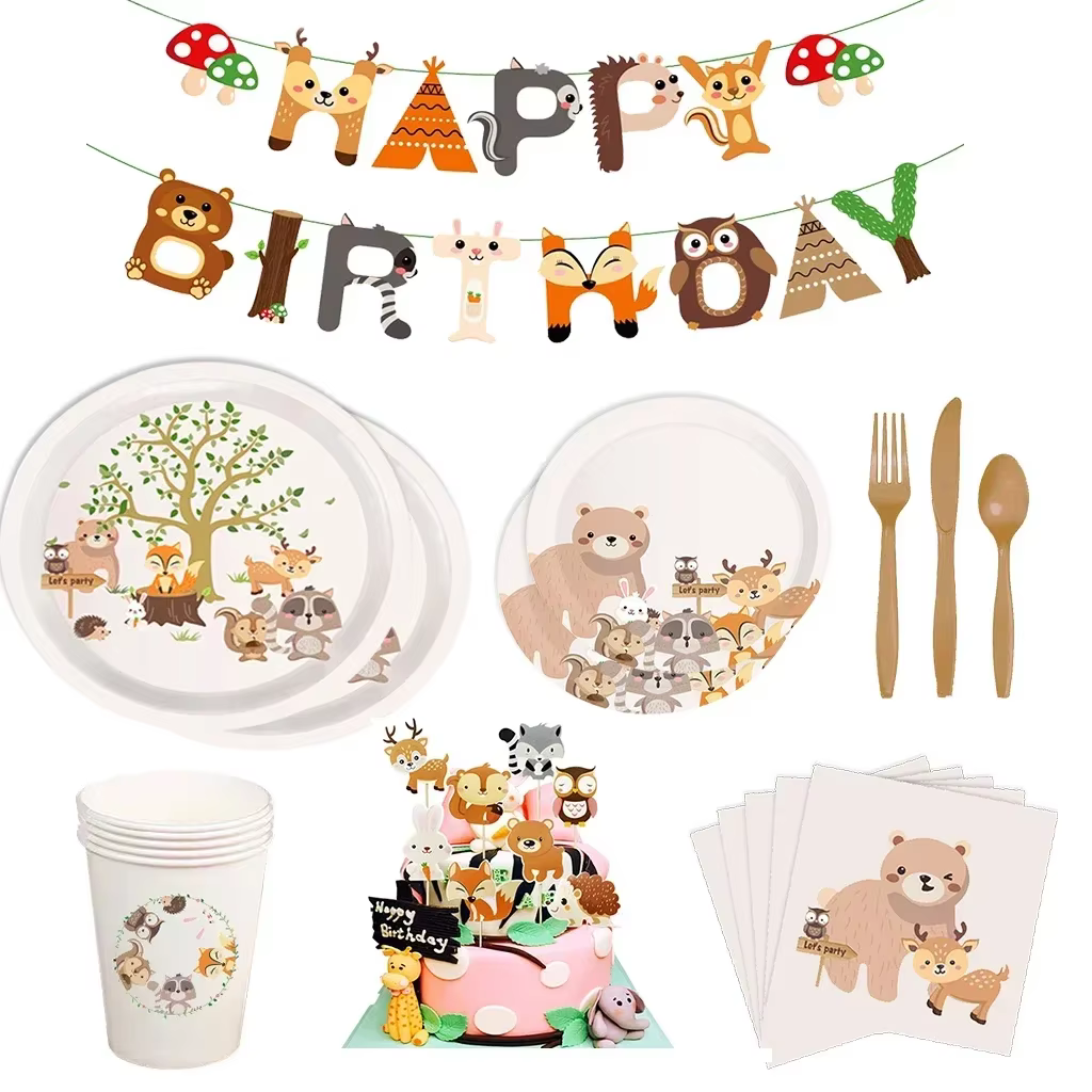 Vaisselle jetable sur le thème des animaux de la forêt pour 8 invités, assiettes et serviettes motif ours et renard, décoration de fête d'anniversaire safari pour enfants garçons et filles