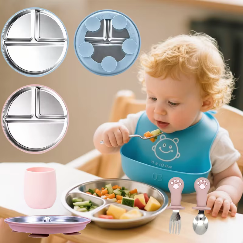 Vaisselle pour enfants en acier inoxydable 304 - Assiette divisée avec base d'aspiration en silicone pour la formation